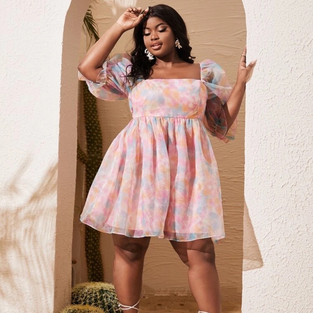 SHEIN Pastel Tie-Dye Puff Sleeve Babydoll Dress